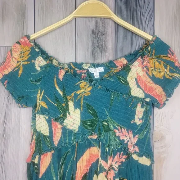 Patrons Off Peace Smocked Off Shoulder Dress Green Floral Size Medium - Picture 6 of 8